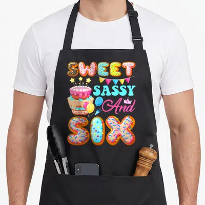 Six sassy apron - Donut letters spelling Sweet Sassy And Six with cake and bunting — shown on a black cotton canvas apron against a white background