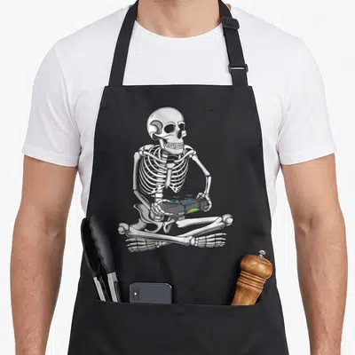 Skeleton gaming halloween apron - Cartoon skeleton sitting cross-legged holding a black game controller in white — shown on a black cotton canvas apron against a white background