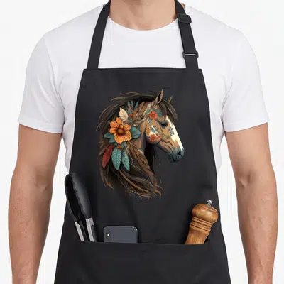 Equestrian western apron - Unicorn head profile with orange flowers and green leaves in brown and blue tones — shown on a black cotton canvas apron against a white background