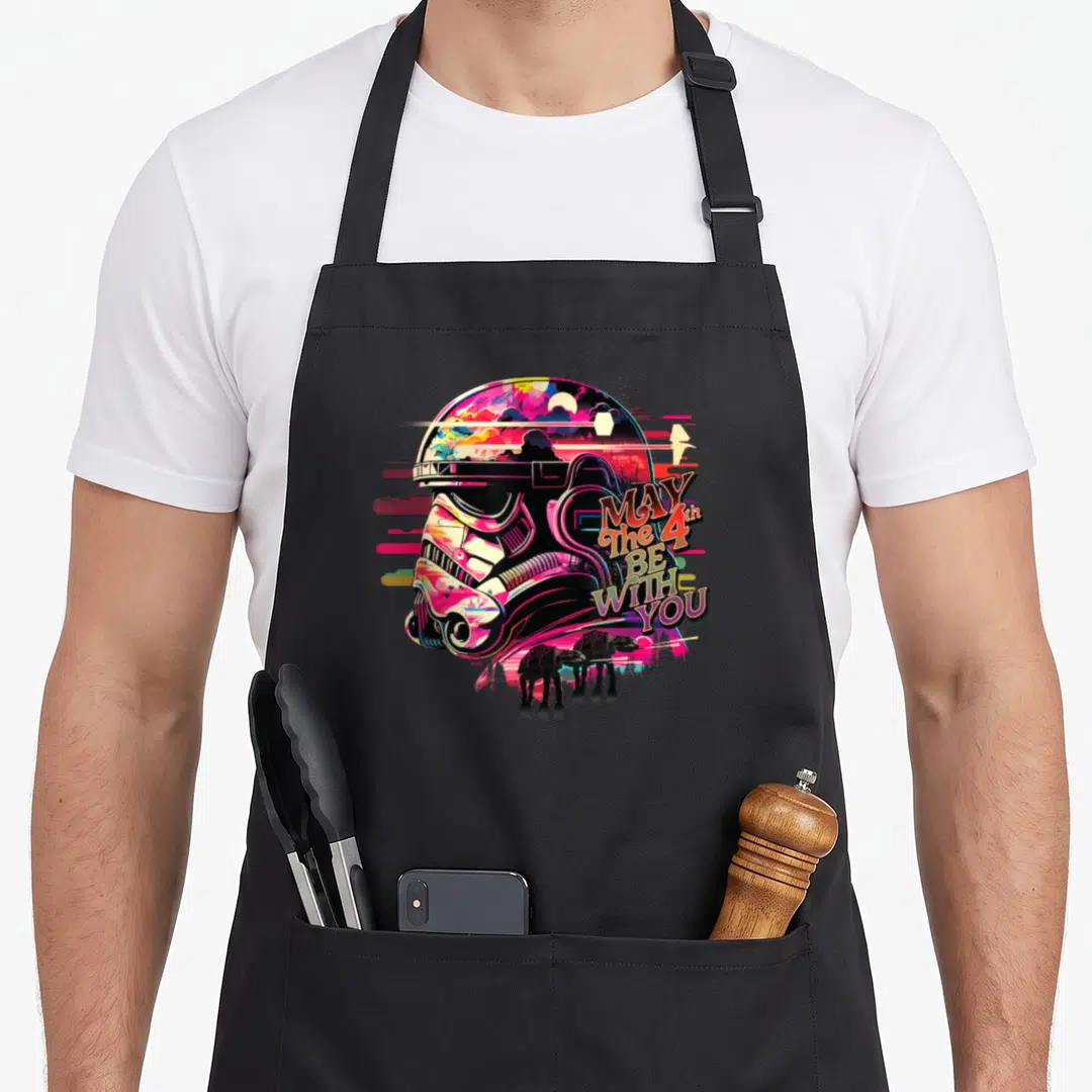 Vintage may fourth apron - Multicolored stormtrooper helmet with May The 4th Be With You text and two AT-AT walkers — shown on a black cotton canvas apron against a white background