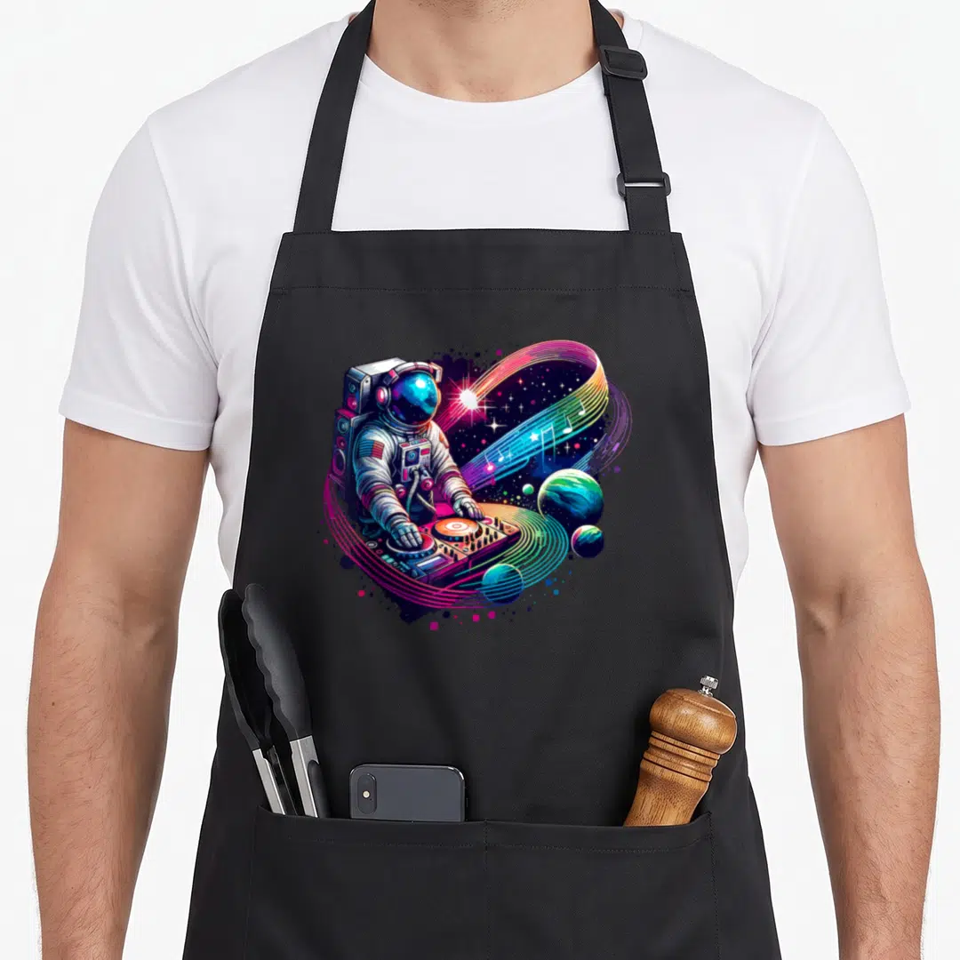 Astronaut turntables and aprons - Astronaut operating a turntable console with rainbow sound waves and planets — shown on a black cotton canvas apron against a white background