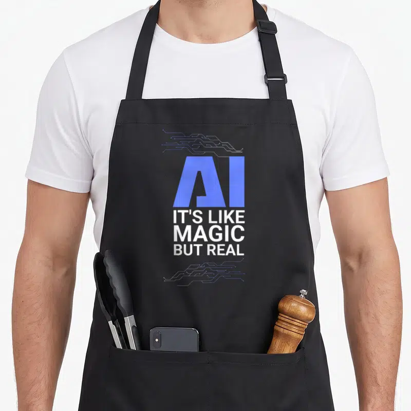 But magic apron - Blue AI text with white stacked slogan and circuit lines above and below on grey background — shown on a black cotton canvas apron against a white background