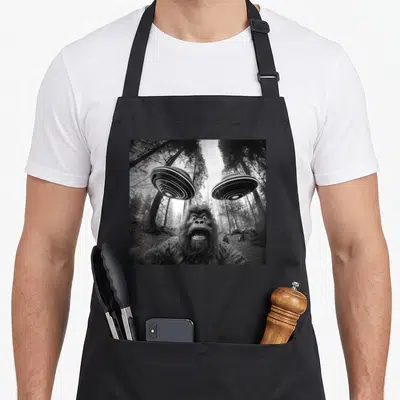 Alien ufo bigfoot apron - Bigfoot centered under two UFOs in a black and grey forest photo — shown on a black cotton canvas apron against a white background