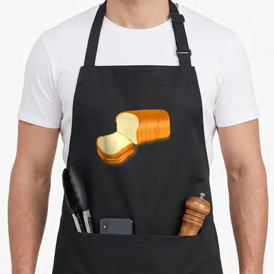 Loaf bread apron - Realistic loaf of bread with three slices in golden brown and cream tones — shown on a black cotton canvas apron against a white background
