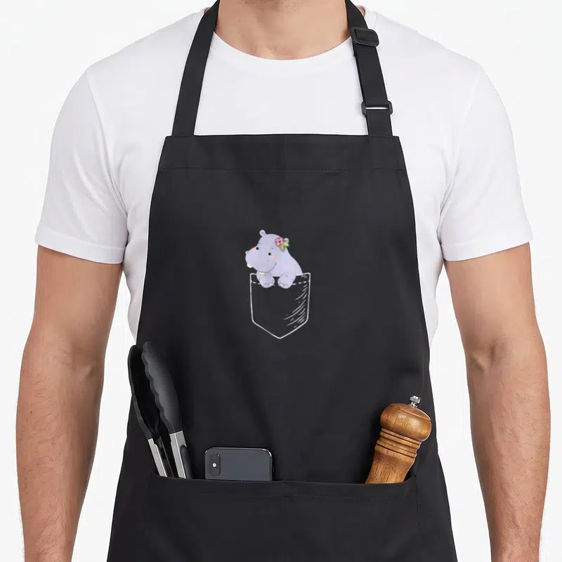 Funny hippo kawaii apron - Purple cartoon hippo with pink flower peeking from white outlined pocket — shown on a black cotton canvas apron against a white background