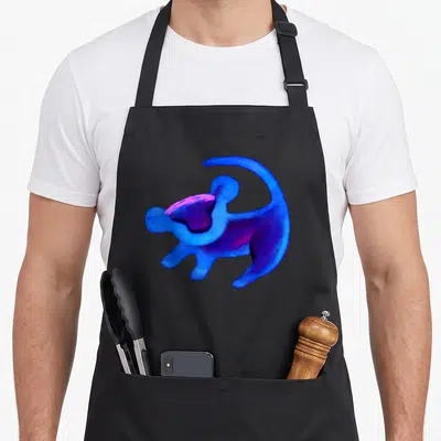 Simba lion dad apron - Stylized blue purple magenta monkey watercolor silhouette centered on fabric — shown on a black cotton canvas apron against a white background