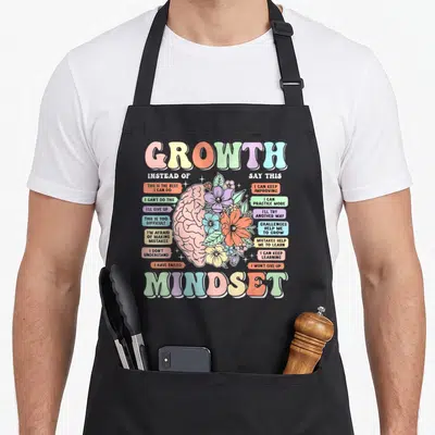 Brain classroom aprons - Split brain design with flowers and positive growth mindset phrases in pastel colors — shown on a black cotton canvas apron against a white background