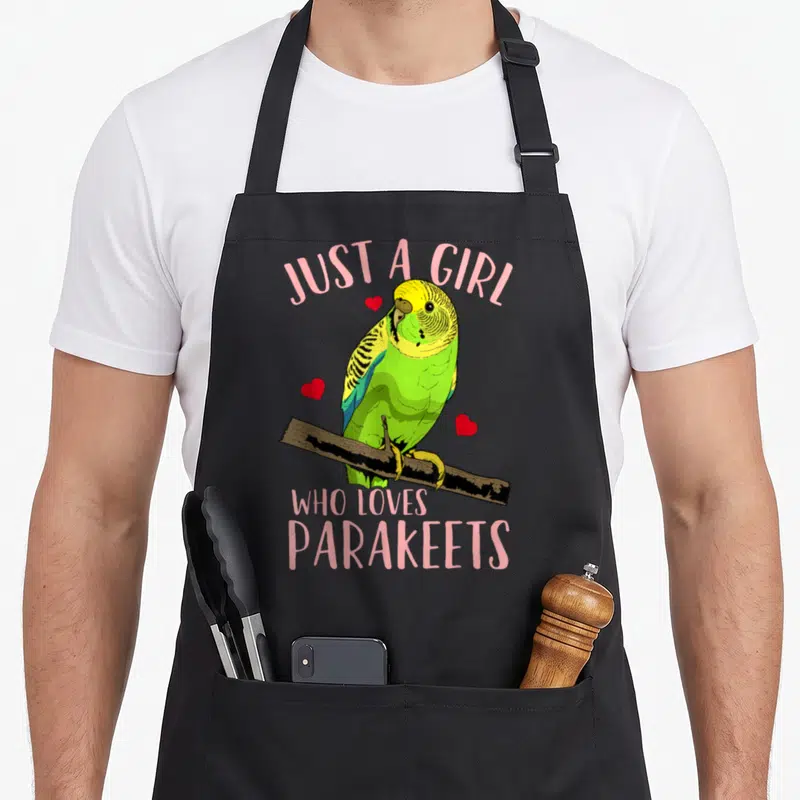 Budgy i love my parakeet apron - Cartoon parakeet perched on branch with three red hearts and pink text JUST A GIRL WHO — shown on a black cotton canvas apron against a white background