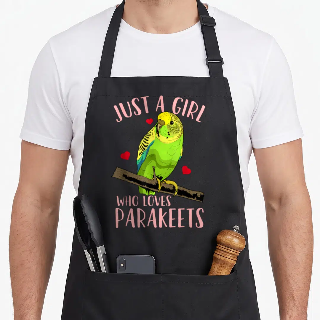 Budgy i love my parakeet apron - Cartoon parakeet perched on branch with three red hearts and pink text JUST A GIRL WHO — shown on a black cotton canvas apron against a white background