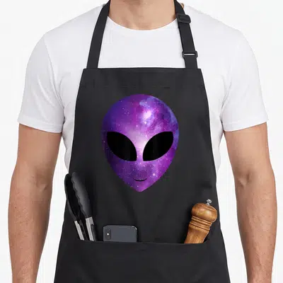 Alien cosmic apron - Centered alien head shape filled with purple and blue galaxy starlight and black eyes — shown on a black cotton canvas apron against a white background