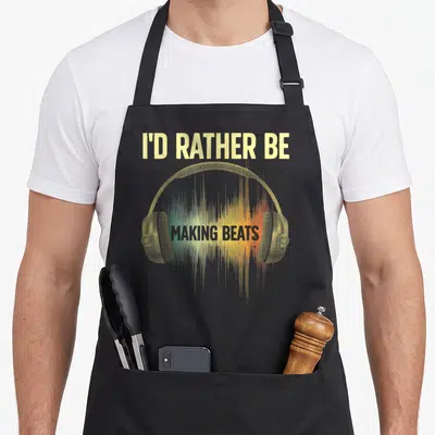 Music maker apron - I'D RATHER BE MAKING BEATS text over headphones and soundwave — shown on a black cotton canvas apron against a white background