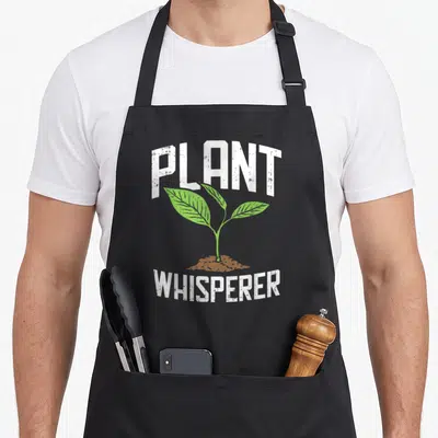 Whisperer plant apron - Distressed white text PLANT WHISPERER framing a green sprout growing from brown soil patch — shown on a black cotton canvas apron against a white background