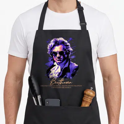 Ludwig symphony apron - Beethoven portrait in purple and blue with peach text about timeless music — shown on a black cotton canvas apron against a white background