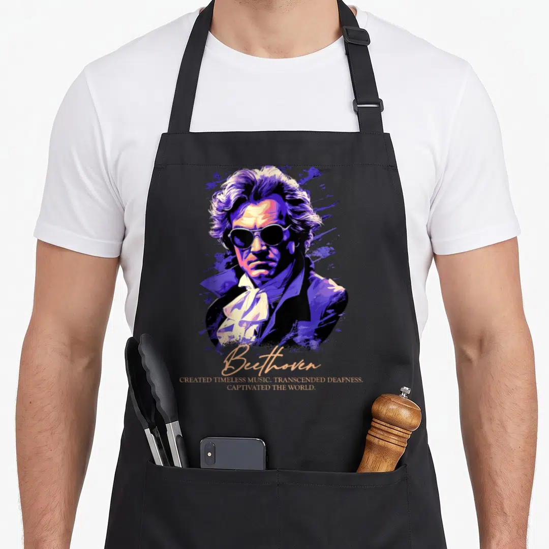 Ludwig symphony apron - Beethoven portrait in purple and blue with peach text about timeless music — shown on a black cotton canvas apron against a white background