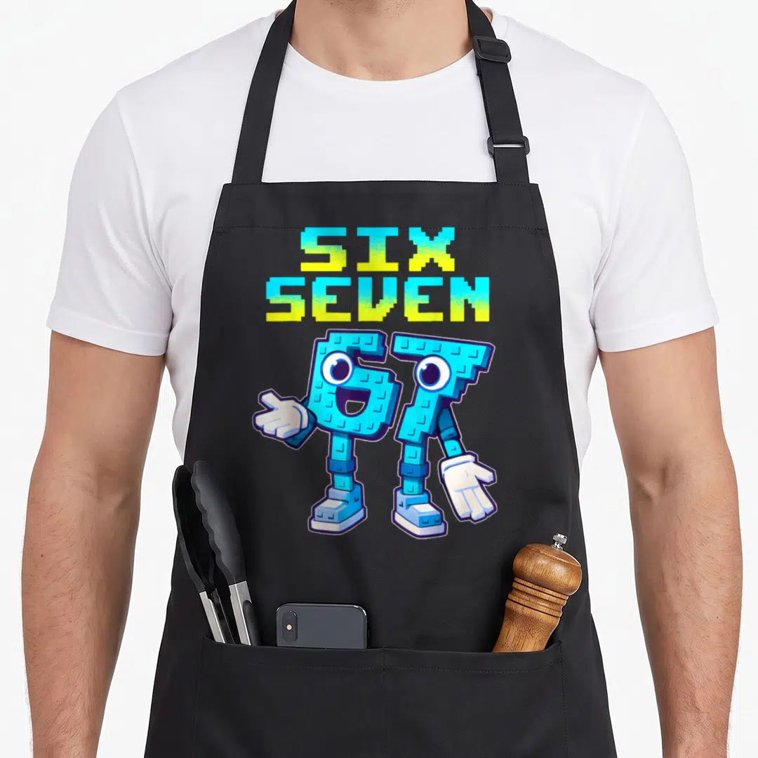 Seven italian apron - Pixelated SIX SEVEN text above anthropomorphic blue numbers 6 and 7 with white gloves and shoes — shown on a black cotton canvas apron against a white background