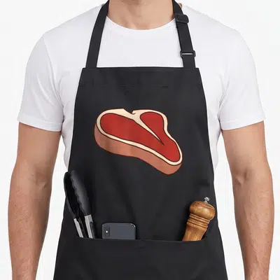 Bone halloween apron - Cartoon raw T-bone steak illustration in red and tan with dark outline — shown on a black cotton canvas apron against a white background