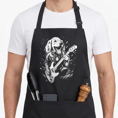Guitar dog apron - White line art of a dog playing an electric guitar surrounded by splatters on a black background — shown on a black cotton canvas apron against a white background