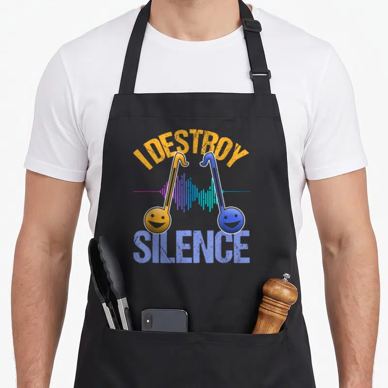 Otamatone japan apron - I Destroy Silence text with two smiling musical notes and sound wave in orange and blue — shown on a black cotton canvas apron against a white background