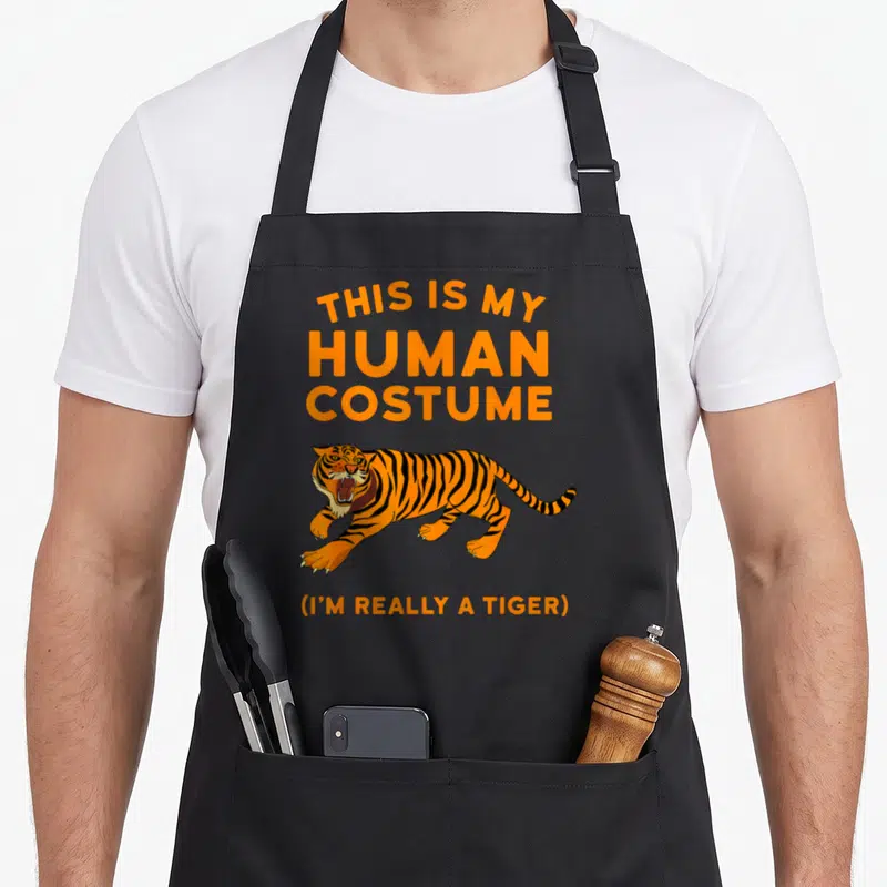 Human tiger for men women kids apron - Cartoon orange tiger with black stripes and white claws under stacked orange text — shown on a black cotton canvas apron against a white background