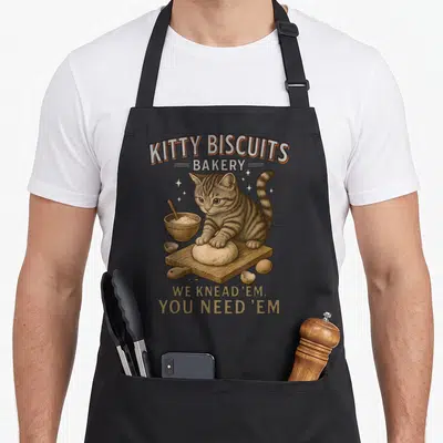 Knead kitty cat apron - Retro illustration of a tabby kitten kneading dough on a board under arched KITTY BISCUITS text — shown on a black cotton canvas apron against a white background