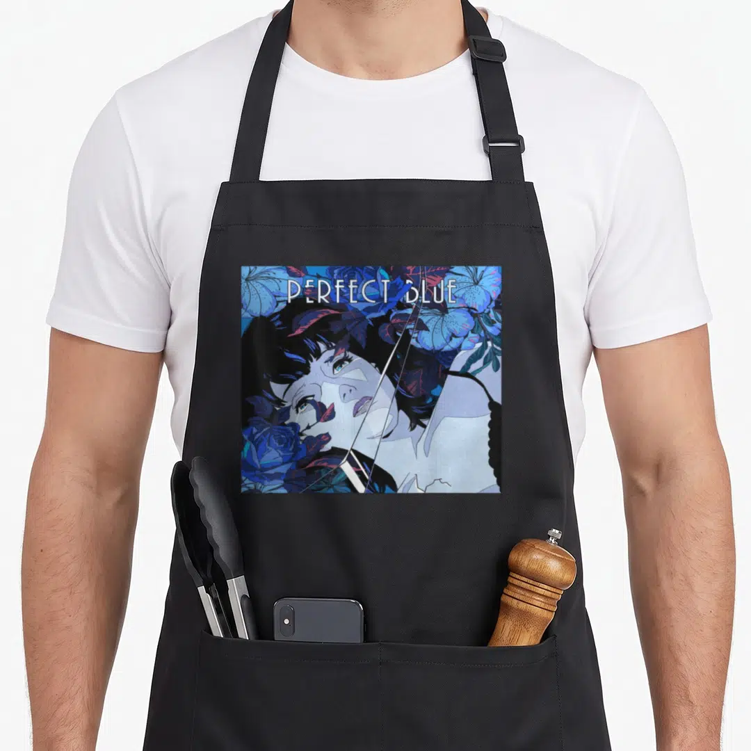 Perfect anime apron - Anime woman face surrounded by blue and purple flowers with PERFECT BLUE text — shown on a black cotton canvas apron against a white background