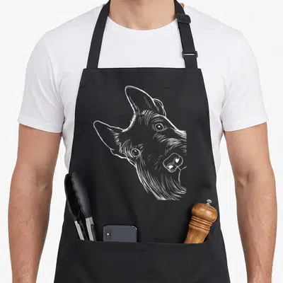 Scottie dog dad apron - White line art sketch of a tilted Scottish Terrier head on a dark background — shown on a black cotton canvas apron against a white background