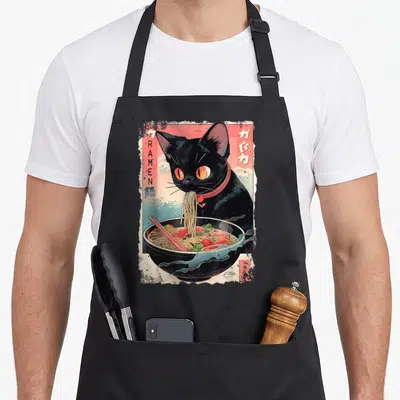 Ramen kawaii cooking apron - Black cat eating ramen noodles with vertical RTUZ RAMEN text on red and blue background — shown on a black cotton canvas apron against a white background