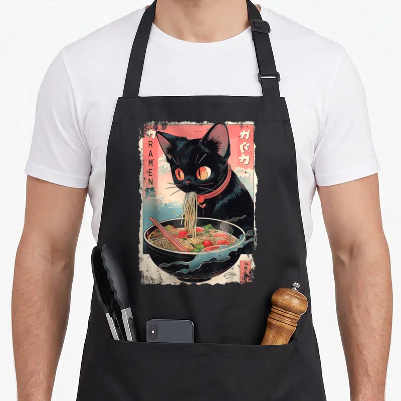 Ramen kawaii cooking apron - Black cat eating ramen noodles with vertical RTUZ RAMEN text on red and blue background — shown on a black cotton canvas apron against a white background
