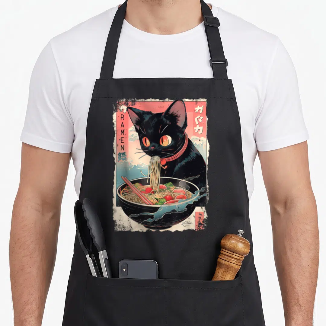 Ramen kawaii cooking apron - Black cat eating ramen noodles with vertical RTUZ RAMEN text on red and blue background — shown on a black cotton canvas apron against a white background
