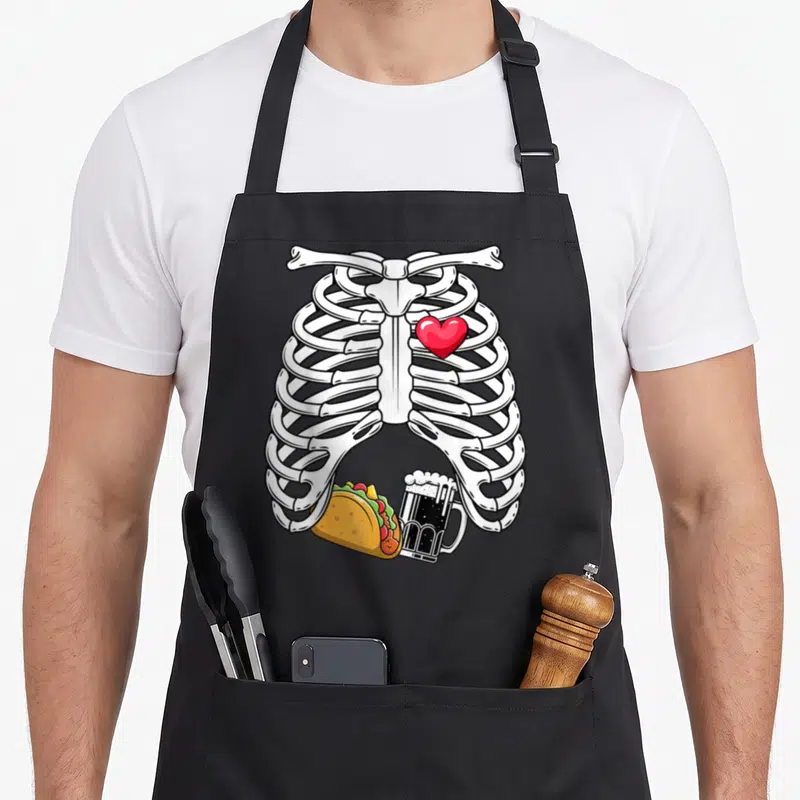 Pregnancy skeleton halloween apron - Cartoon white ribcage with red heart, taco, and beer mug in yellow and black — shown on a black cotton canvas apron against a white background