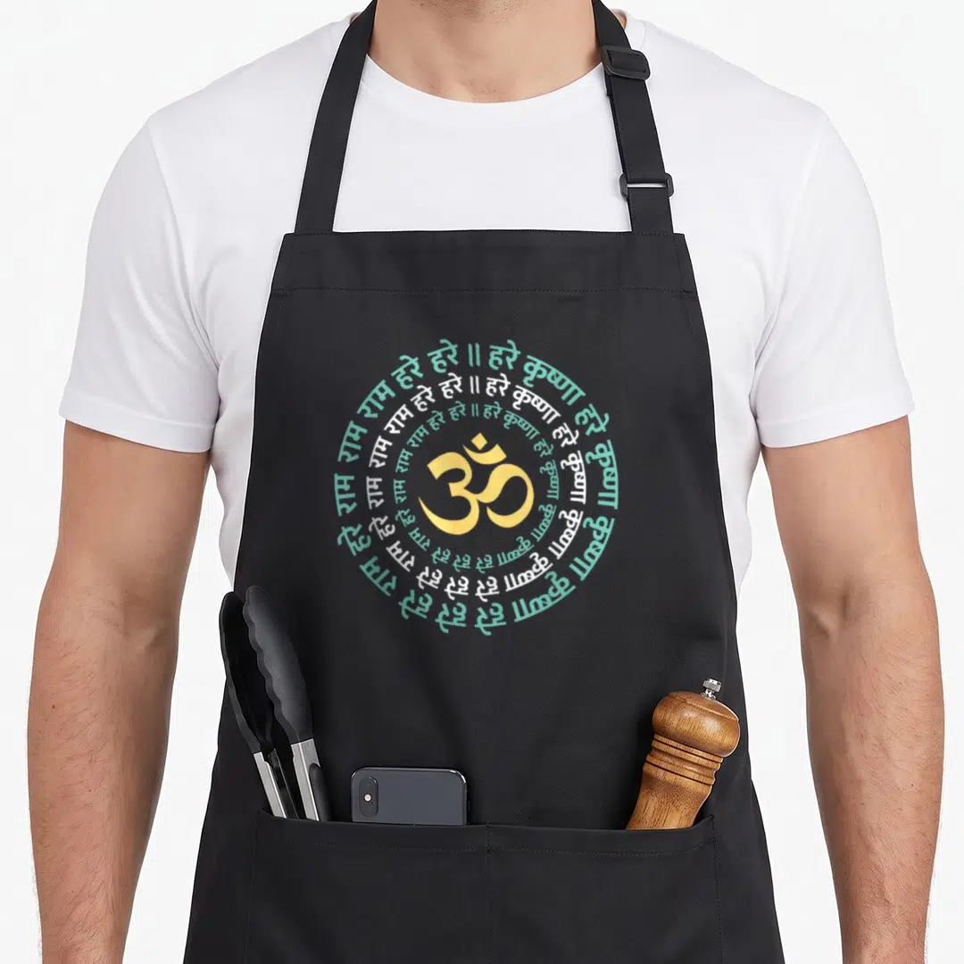 Hare arab apron - Yellow Om symbol centered among concentric rings of light blue Devanagari Hare Krishna text — shown on a black cotton canvas apron against a white background