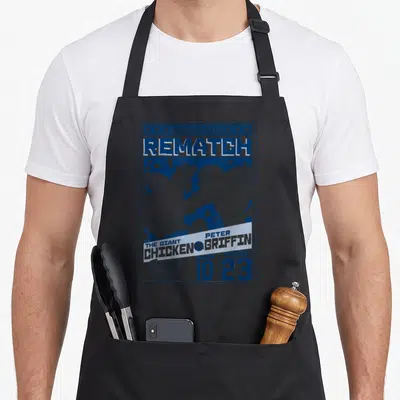 Peter chicken apron - Blue and grey poster art of Peter Griffin fighting Giant Chicken with stars border — shown on a black cotton canvas apron against a white background