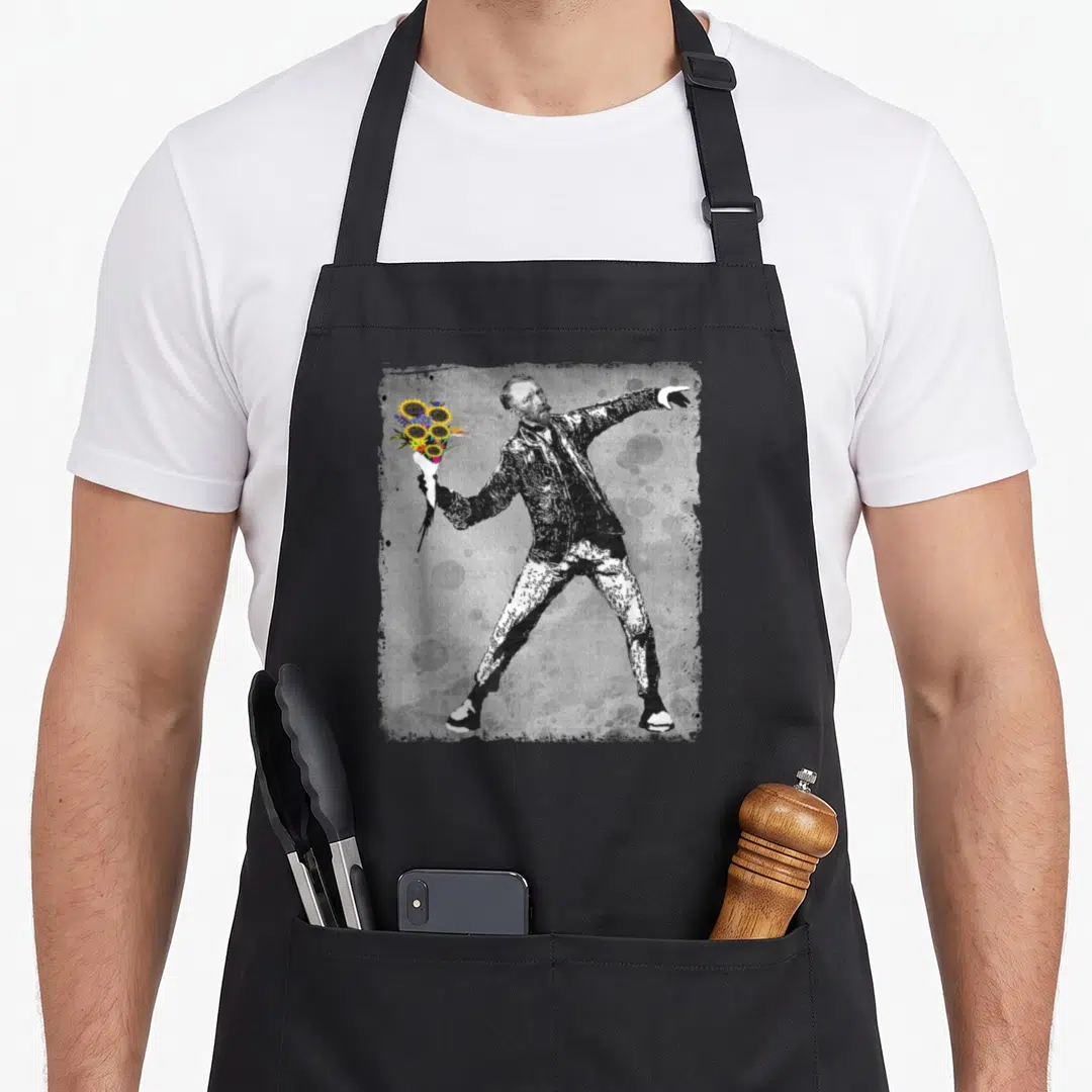 Flower van gogh apron - Line-art sketch of a man holding yellow sunflowers on textured grey background — shown on a black cotton canvas apron against a white background