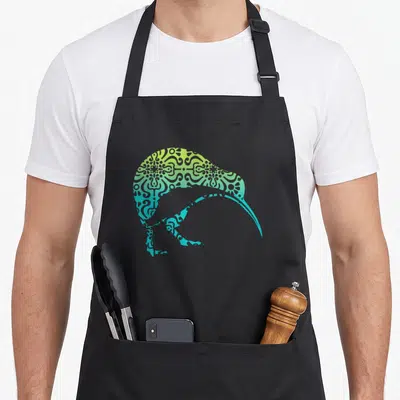 Maori kiwi new zealand apron - Bird silhouette filled with green blue yellow gradient and mandala pattern — shown on a black cotton canvas apron against a white background