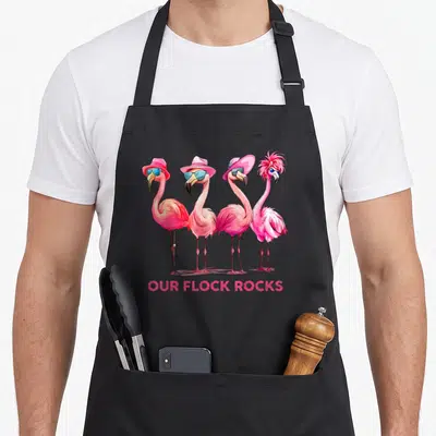 Flamingo family aprons - Four cartoon flamingos in hats and sunglasses above Our Flock Rocks text — shown on a black cotton canvas apron against a white background