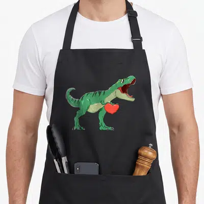 Valentine t-rex apron - Green cartoon T-Rex wearing sunglasses holding a red heart — shown on a black cotton canvas apron against a white background
