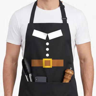 Toddler pilgrim apron - Minimalist white collar, three buttons, brown belt with yellow buckle graphic — shown on a black cotton canvas apron against a white background
