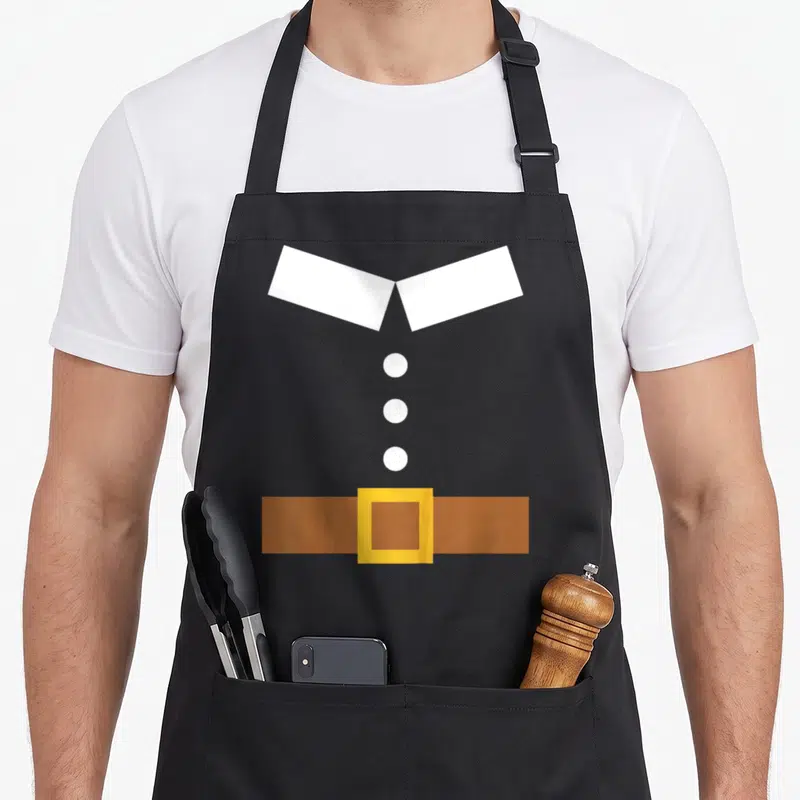 Toddler pilgrim apron - Minimalist white collar, three buttons, brown belt with yellow buckle graphic — shown on a black cotton canvas apron against a white background