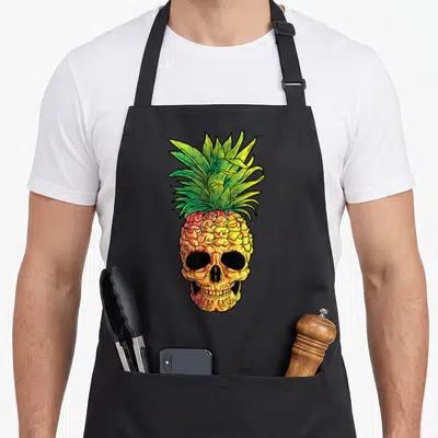 Pineapple goth apron - Cartoon pineapple skull with green leaves and orange-yellow bone texture — shown on a black cotton canvas apron against a white background