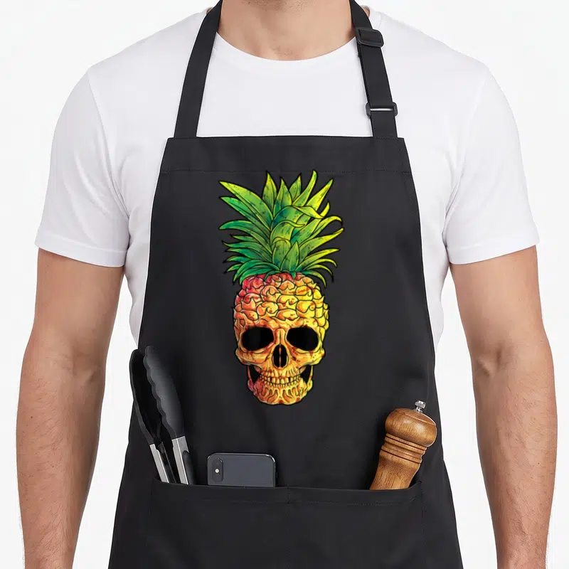 Pineapple goth apron - Cartoon pineapple skull with green leaves and orange-yellow bone texture — shown on a black cotton canvas apron against a white background