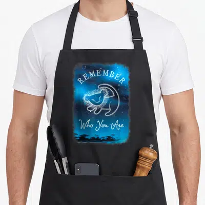 Remember constellation apron - White starry lion silhouette on blue background with REMEMBER Who You Are text and tree — shown on a black cotton canvas apron against a white background