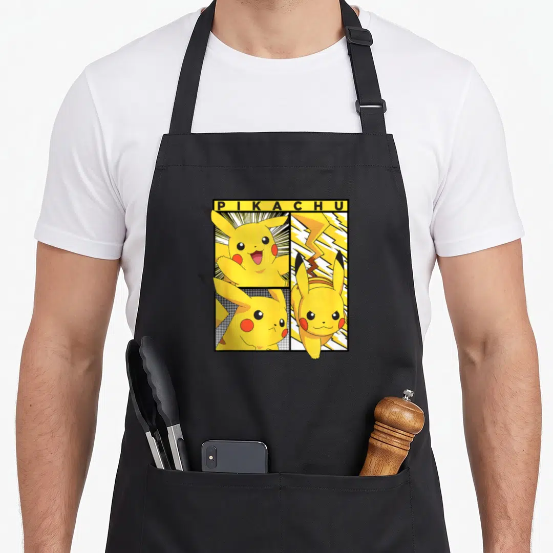 Funny trend apron - Pikachu comic panels yellow bar lightning bolt cartoon style — shown on a black cotton canvas apron against a white background