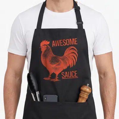 Funny sauce rooster apron - Orange rooster illustration with AWESOME SAUCE text on black background — shown on a black cotton canvas apron against a white background