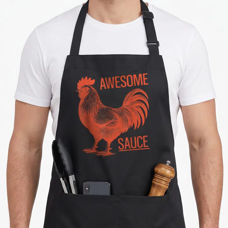 Funny sauce rooster apron - Orange rooster illustration with AWESOME SAUCE text on black background — shown on a black cotton canvas apron against a white background