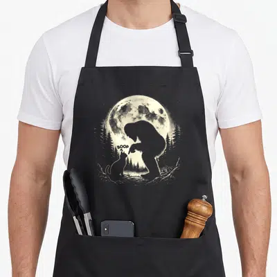 Bigfoot cat apron - Bigfoot silhouette booping a cat nose with BOOP text under a moon framed by pine trees — shown on a black cotton canvas apron against a white background