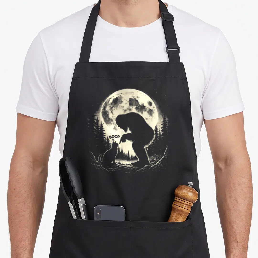Bigfoot cat apron - Bigfoot silhouette booping a cat nose with BOOP text under a moon framed by pine trees — shown on a black cotton canvas apron against a white background