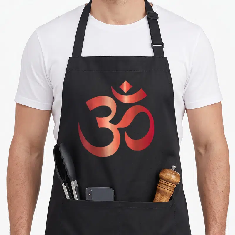Sanskrit om symbol apron - Centered red Om symbol with gradient shading on grey background — shown on a black cotton canvas apron against a white background