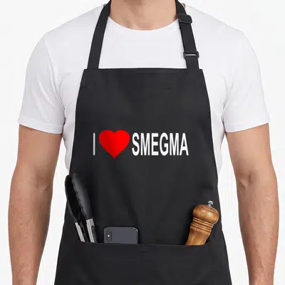 Smegma jewish apron - White I and SMEGMA text with red heart symbol in horizontal row — shown on a black cotton canvas apron against a white background