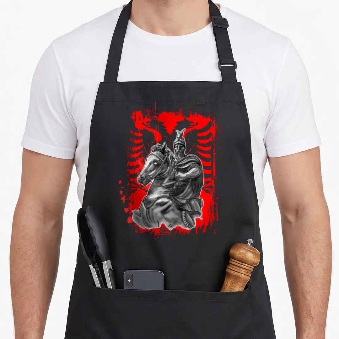 Albania kosovo apron - Grey line art of bearded man on horseback over distressed red double-headed eagle — shown on a black cotton canvas apron against a white background