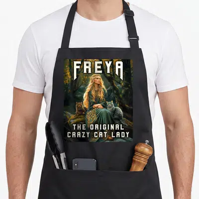 Freya crazy cat lady apron - Woman in green dress with two cats in forest and text FREYA THE ORIGINAL CRAZY CAT LADY — shown on a black cotton canvas apron against a white background